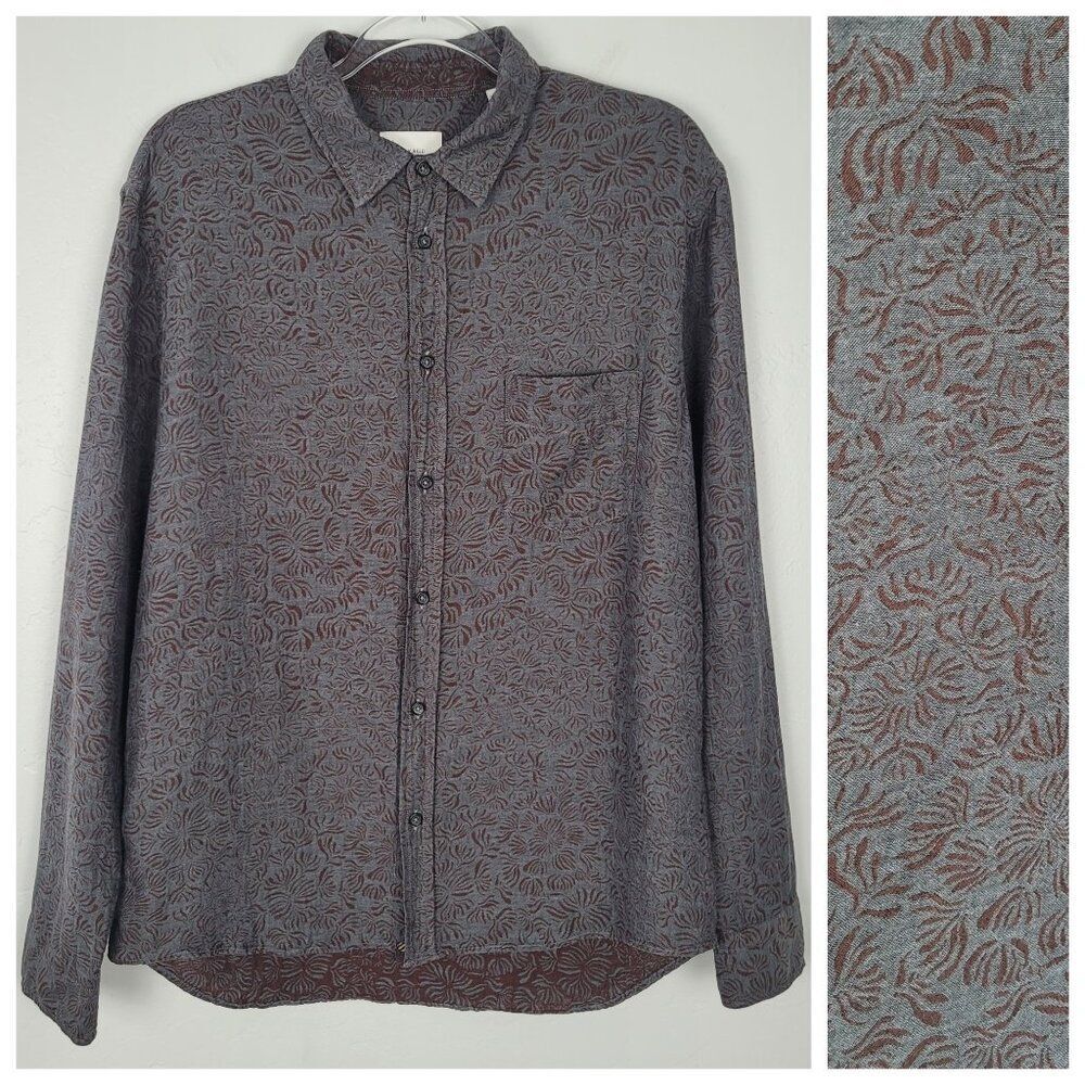 Billy Reid Button Up Shirt Slim Long Sleeve Cotton Patterned Gray Brown Size L
